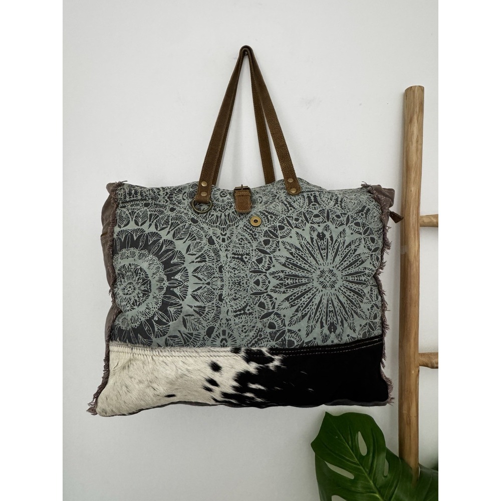 Myra Oversized Weekend Tote Bag Cowhide Leather Straps Boho Western Shoulder Bag